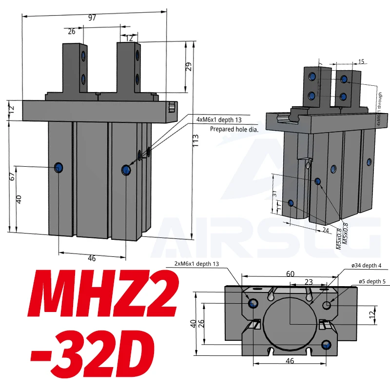 MHZ2-32D SMC тип MHZ2 двойного действия пневматический параллельный захват MHZ2-10D MHZ2-16D 20D 25D 32D 40D алюминиевые зажимы палец цилиндр - Color: MHZ2-32D