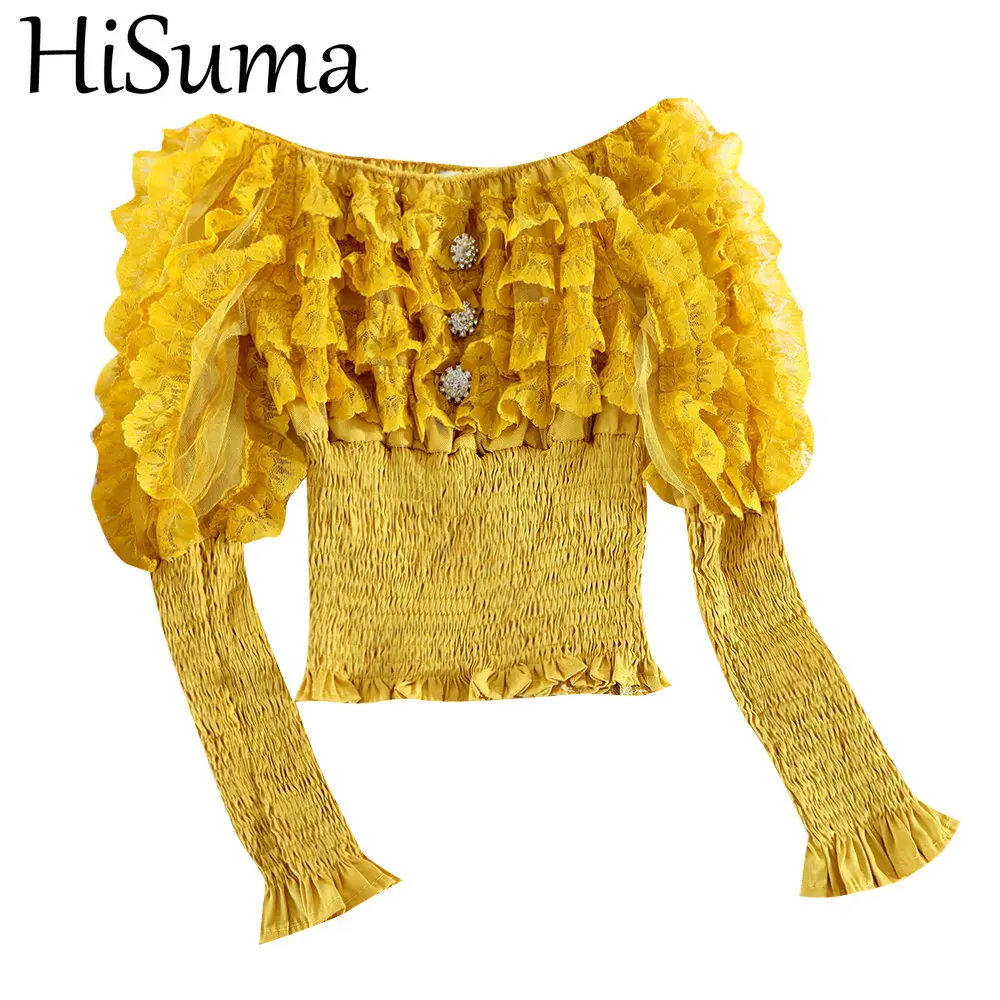 Женская летняя сетчатая Базовая рубашка с оборками и рукавами фонариками