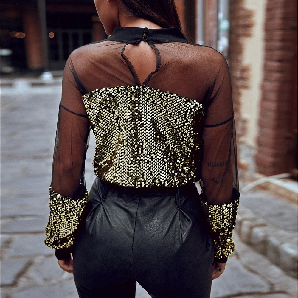 

Womens Tops and Blouses Sexy Turtleneck Mesh Sequined Long Sleeve See Through Breathable Top Women Sexy Shirt