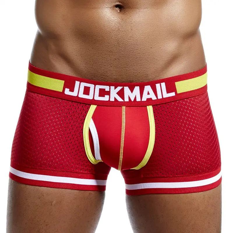 JM401-Red JOCKMAIL, фирменное мужское Сетчатое нижнее белье, боксеры, calzoncillos hombre, гей, одежда для сна, Cueca, боксеры, дышащие, промежность, хлопковые трусы, шорты - Цвет: JM401-Red