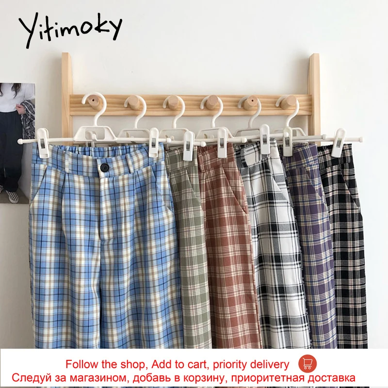 Yitimoky женские штаны винтажные клетчатые брюки с высокой талией и эластичной