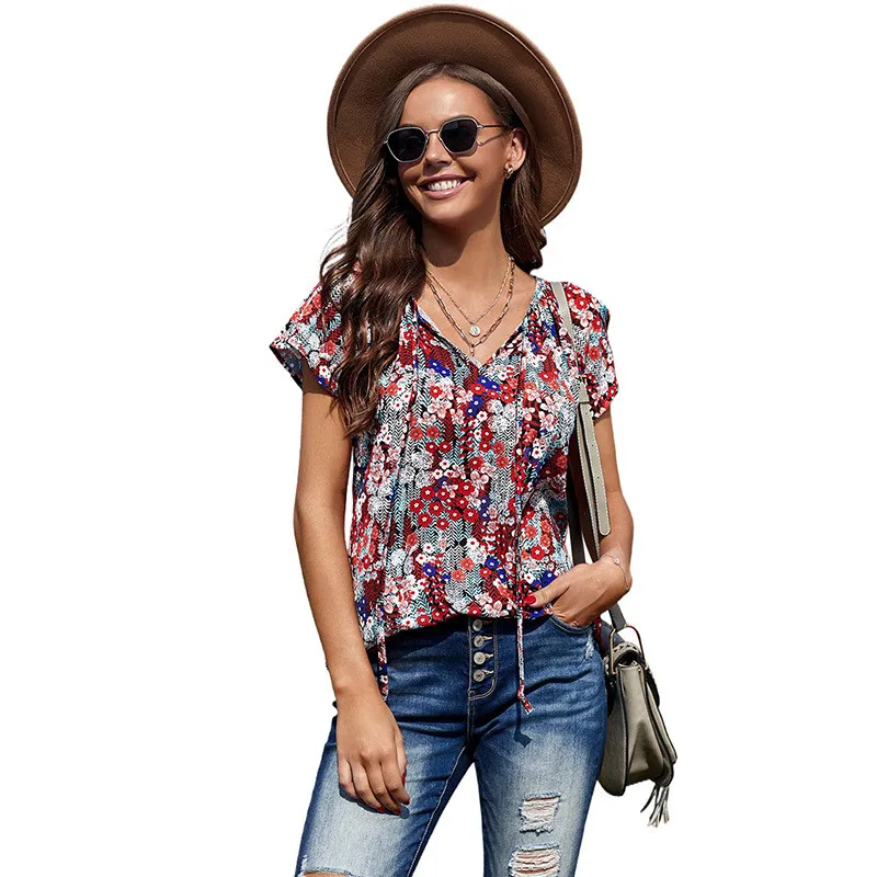 

Floral Chiffon Shirt Women 2021 Summer New Sweet Elegant V-neck Lace-up Short Sleeves Loose Print Top Female LR1270