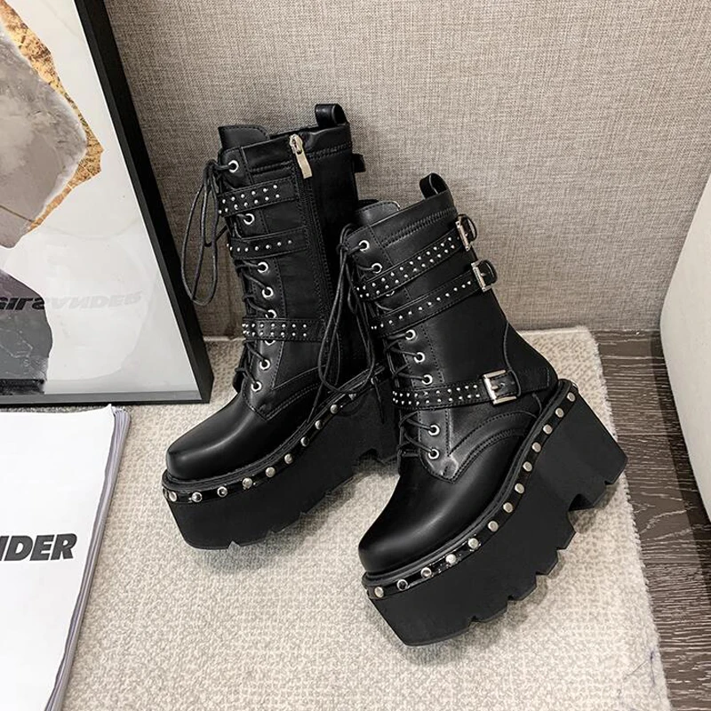 

Women Boots Shoes Winter Fall Fashion low Heel Round Toe Boots For Woman Platform Black demonia boots Botas Mujer LJB276