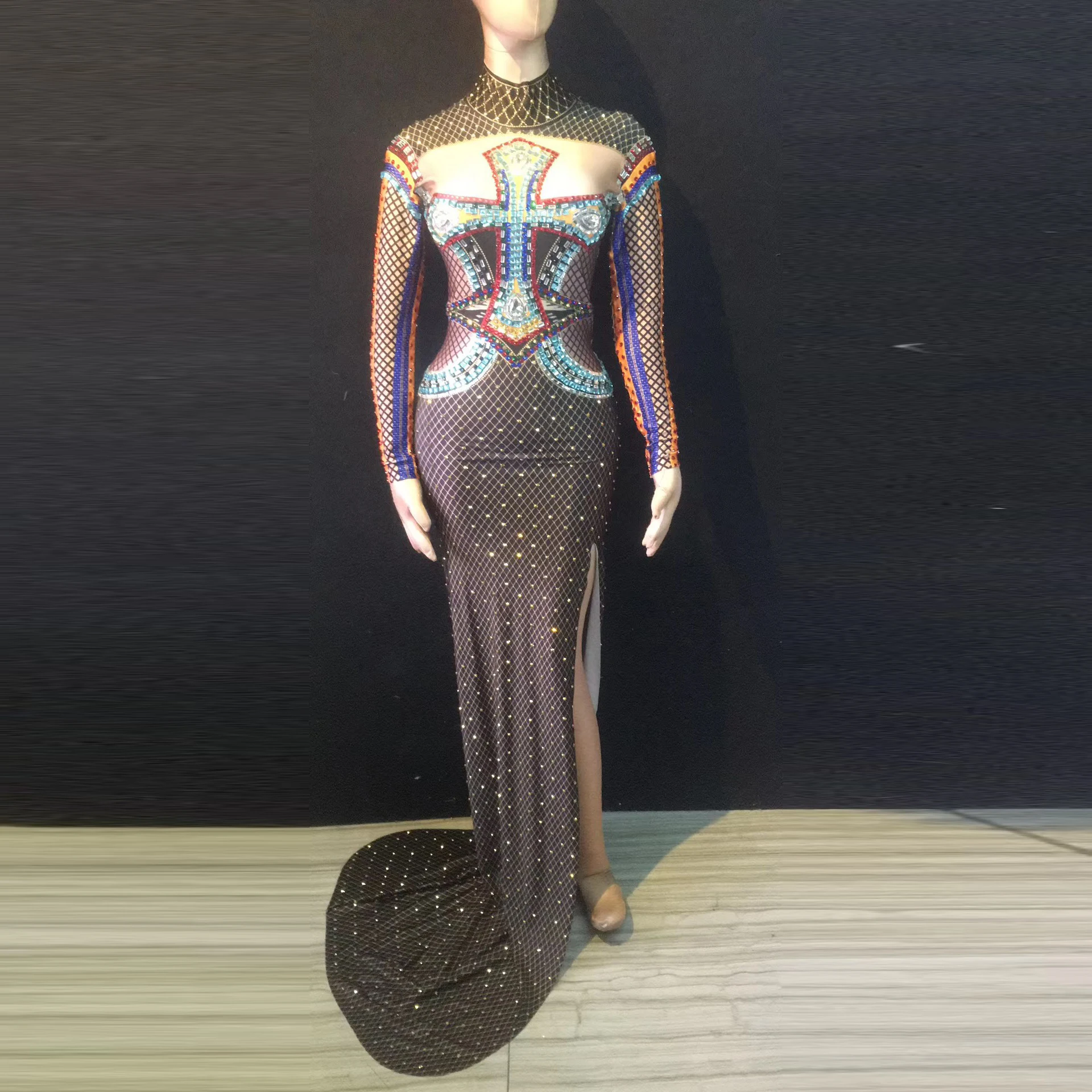 Women Black Sexy Bodycon Strech Rhinestones Evening Party Dance Long Sleeve Birthday Celebrate Singer Show Costume Dress | Свадьбы и