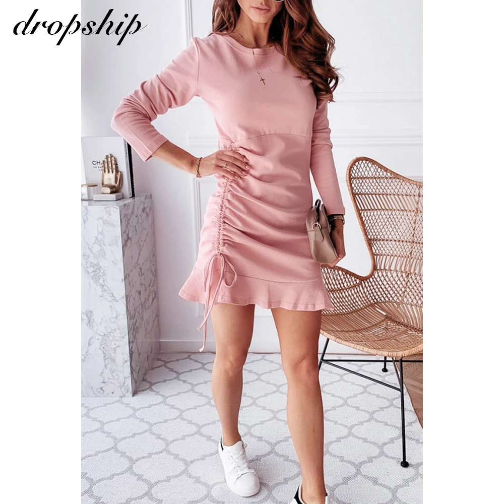 

Ruched Bodycon Dress Pink Mini Summer Dresses For Women Long Sleeve O Neck Woman Dress 2020 Casual Party Sexy Dresses For Women