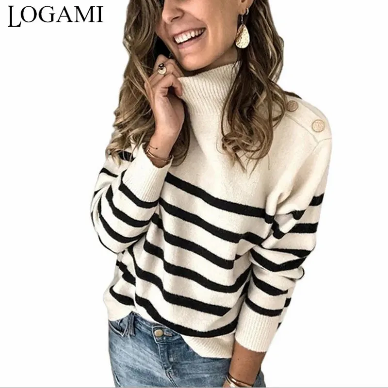 

LOGAMI Turtleneck Button Shoulder Sweaters Women Striped Casual Pullover Jumper 2020 New Autumn Sweater