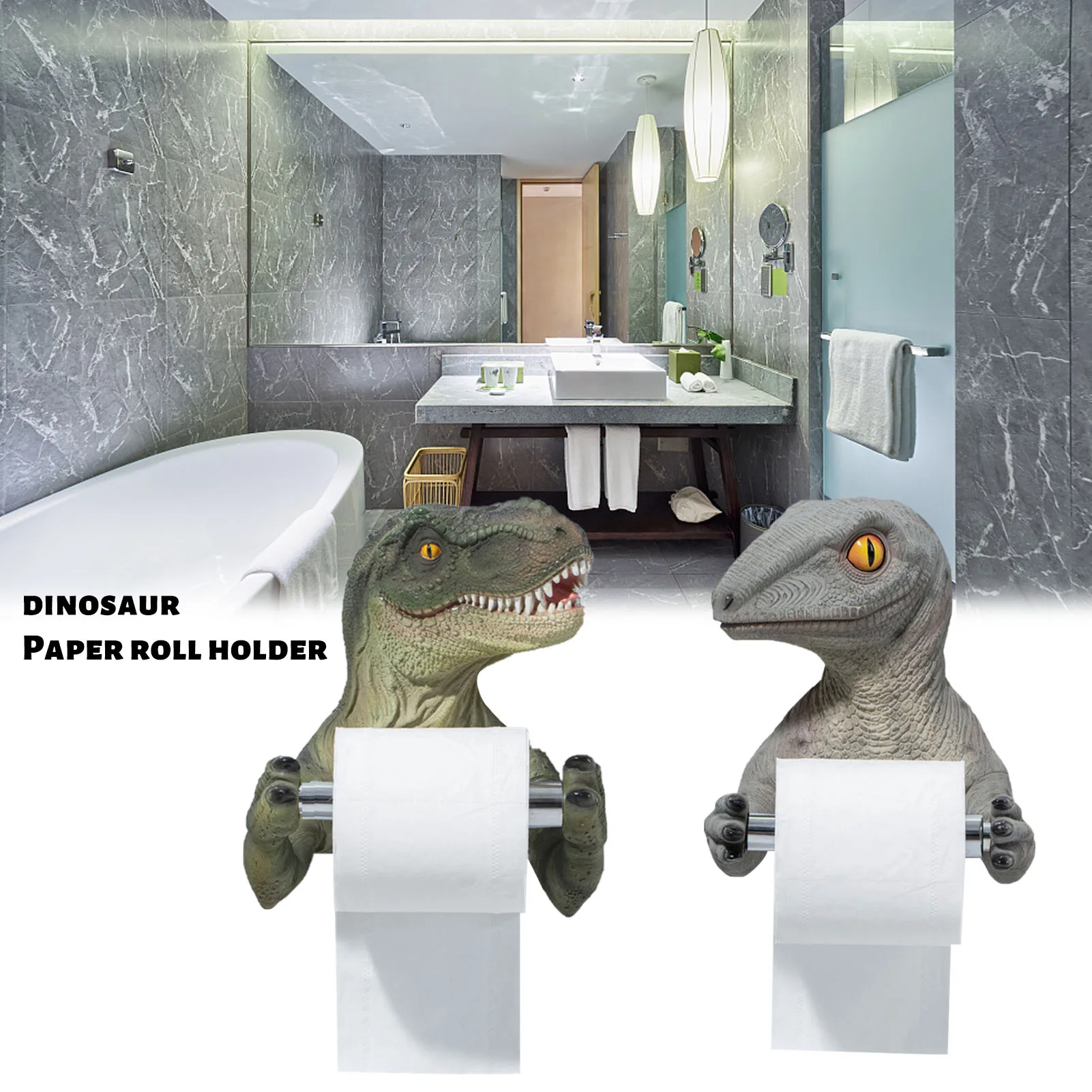 

Resin Dinosaur Toilet Paper Stand Realistic Tyrannosaurus Tissue Holder Punch-free Wall-mounted Towel Rack For Bathroom Kitchen