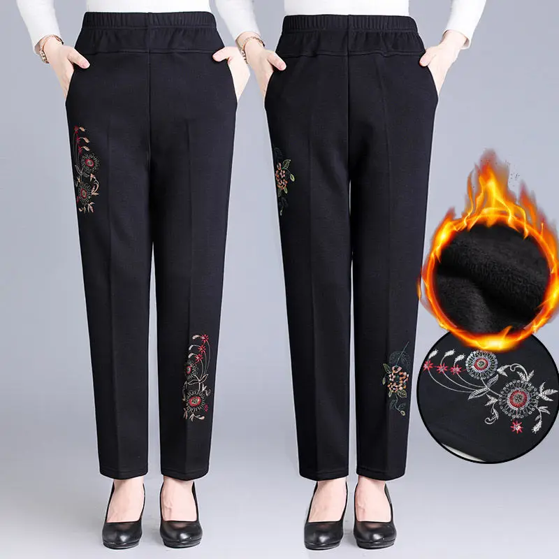 

2021 Autumn Winter Middle Aged Female Pants Casual Straight Pant Women Large Size Elastic Waist Warm Trousers 5XL Y604