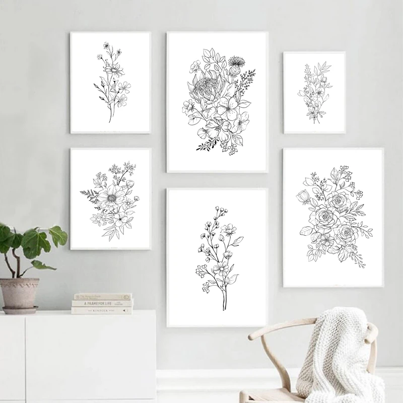 Drawing Canvas Prints Wildflowers Botanical Black White Wall Art Pictures Painting Decor
