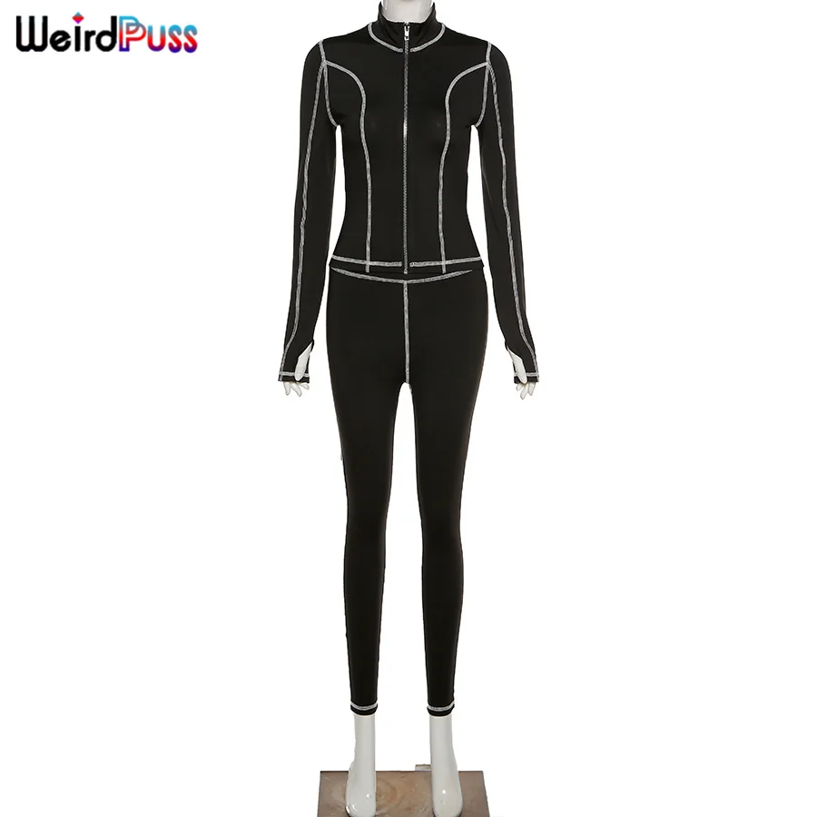

Weird Puss Skinny Women Tracksuit Sporty Fitness Zipper Tops+Leggings Matching Striped Trend Stretchy Workout Streetwear Outfits