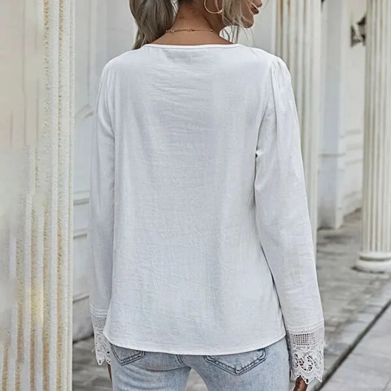 

Women Elegant Shirt Women T-shirt Solid V Neck Long Sleeve Lace Patchwork Tee Casual Tops Office Female Shirts White Tops Summer