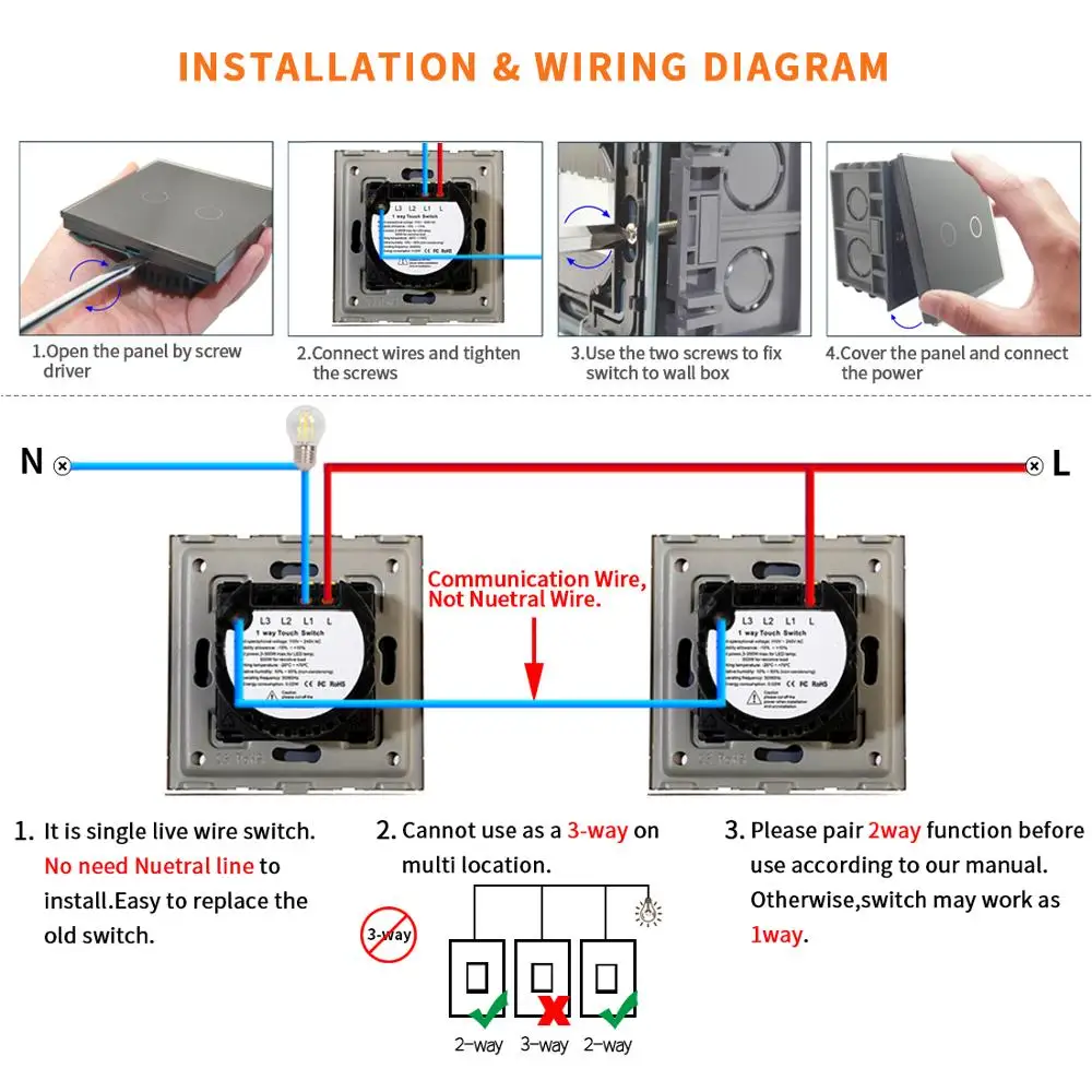 

Bingoelec 2 Pack Touch Switch 1 Gang 2 Way Stair Wall Switch Crystall Glass Panel Screen Sensor Light Switch AC 220-240 V 86*86