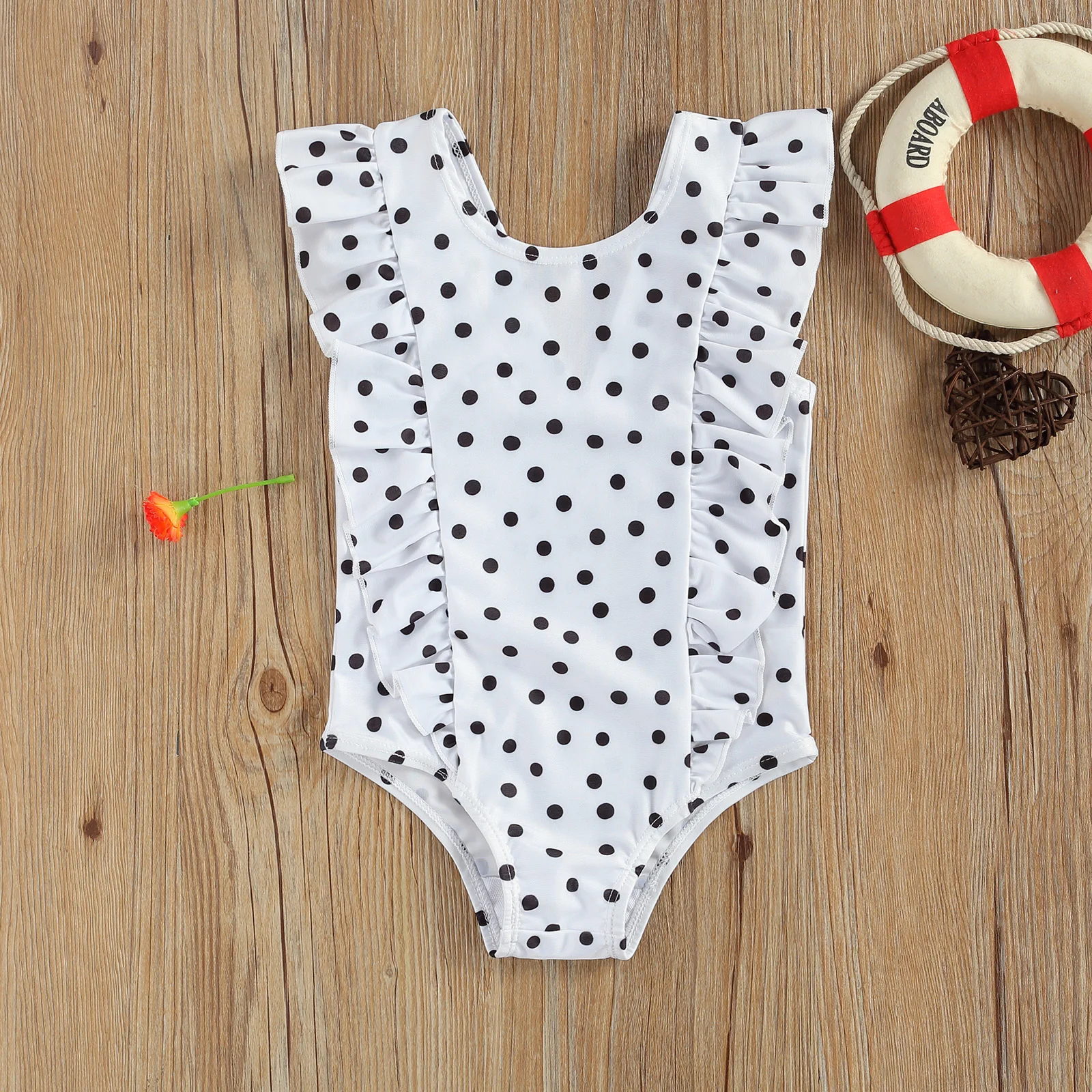 

2021 0-5Y Summer Kids Baby Girl Swimwear Beachewar Dot Print Ruffle Shoulder Sleeveless V Neck Backl One Piece Swimsuit Holiday