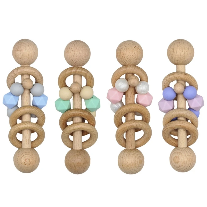 

Baby Beech Teether Bell Rattle Silicone Beads Wooden Ring Toddler Soother Molar J2HD