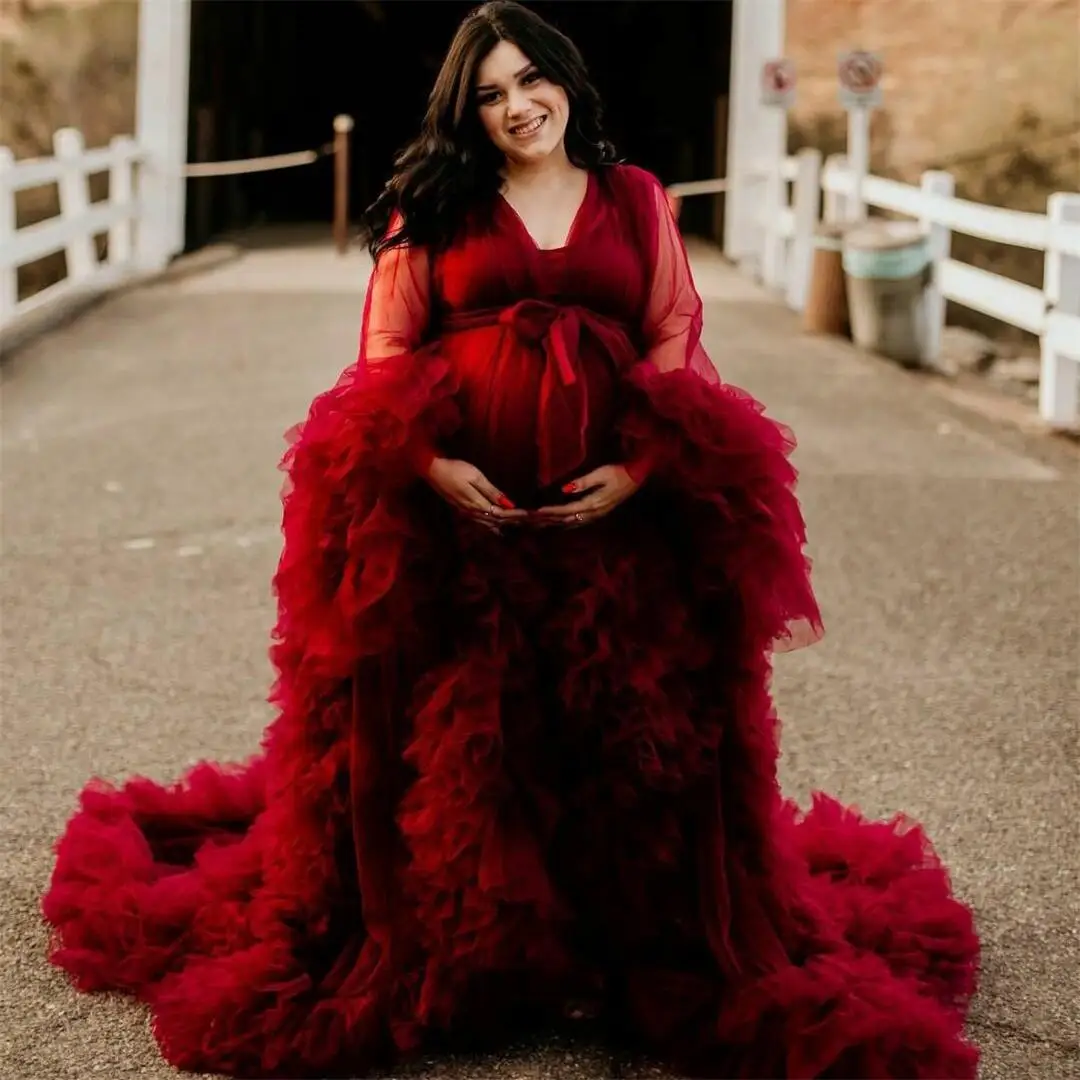 

Unique Prom Dresses Custom Made Tulle Maternity Robes Women Photoshoot Evening Gowns Fluffy Tiered Tulle Robe Party Dress