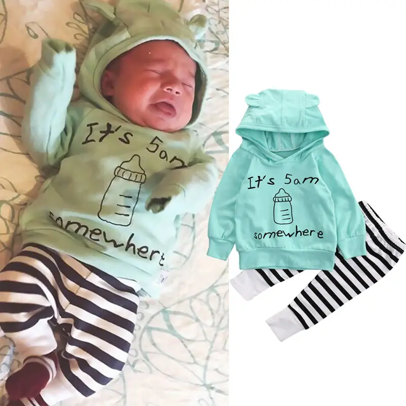 Newborn Baby Boy Girl Clothes Coat Hoodie Tops+ Striped Pant Leggings 2pcs Outfits Set