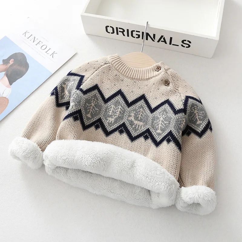 Beige Plush Модные осенние детские пуловеры, толстые свитера с ромбовидным принтом для маленьких мальчиков, теплый свитер для маленьких девочек, зимняя плюшевая одежда для малышей и сына - Цвет: Beige Plush