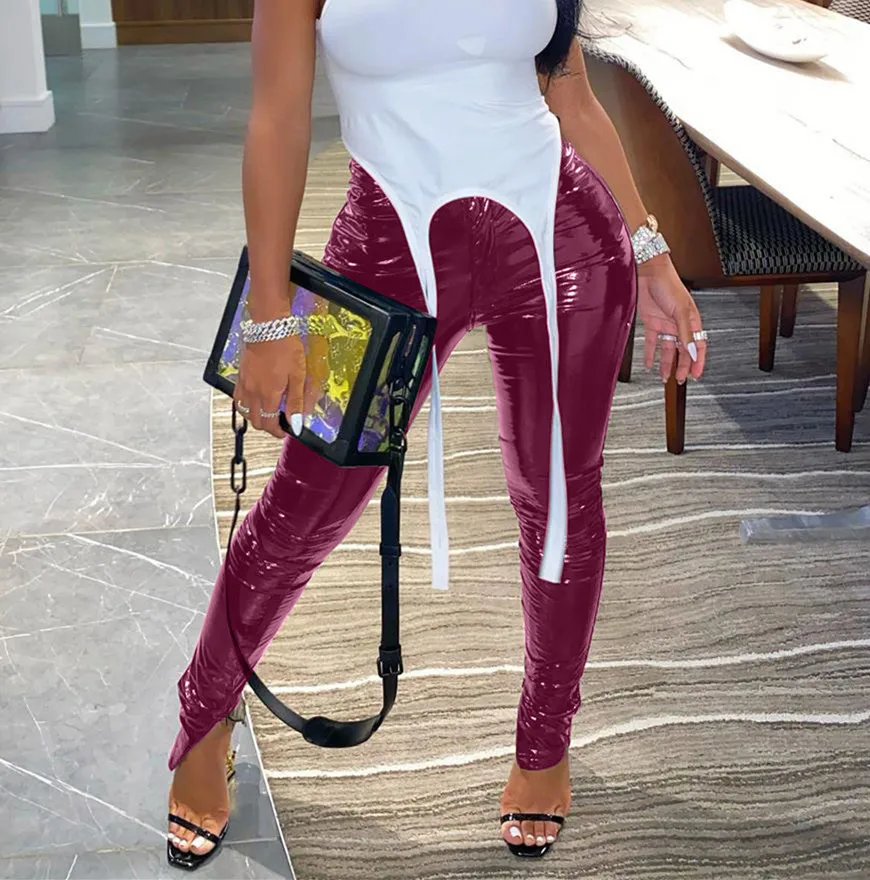 

2021 Fall Winter Black PU Leather Pants Zipper Split Bottom Mid Waist Stretchy Tights Pencil Pants Women Trousers