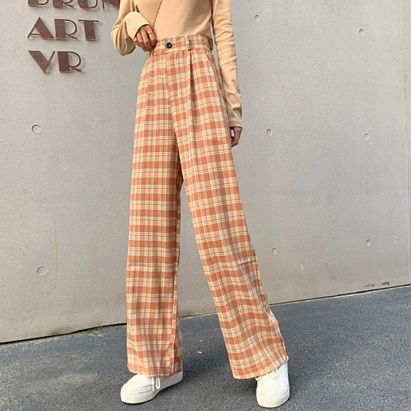 

Zoki Plaid Women Pants Elastic High Waist Korean Fashion Plus Size Loose Spring Ladies Full Straight Pants Casual Trousers S-4XL