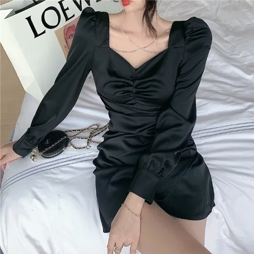 

French square collar pleated puff sleeve short skirt female spring 2021 new sexy open back lace solid color dress