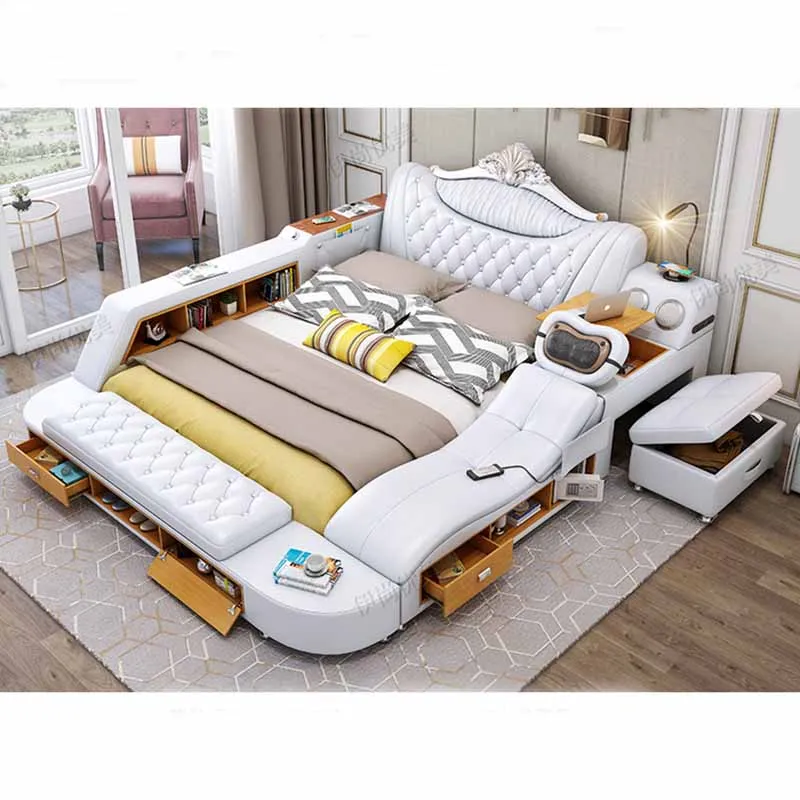 Modern Leather Fabric Bed With Storage Box Function Bedroom Furniture Set Chestrfield Style Multimedia Speaker USB Charger | Мебель
