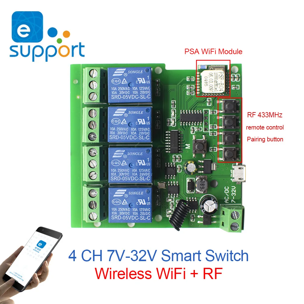 

eWeLink Smart Remote Control wireless Wifi Switch Module 4CH DC 7-32V 5V 32V RF Receiver 10A Relay For Alexa IFTTT