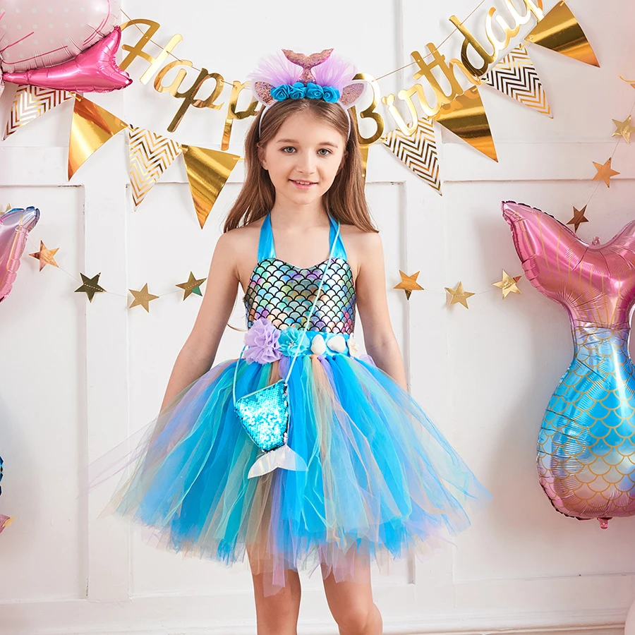 

Mermaid Halloween Costume For Girls Tutu Dress with Headband Princess Bling-Bling Tulle Dresses Carnival Disguise Clothes Robe