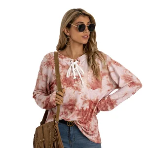Women Casual Tie Dye Shirts, Lace Up Round Neck Long Sleeve Color Block Printed Knit Sweatshirt Tops