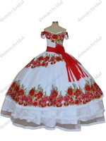 Modest Red Floral Flowers Embroidered White Quinceanera Dresses Mexican Charro XV 15 Anos Off Shoulders Ball Gown Sweet 16 Dress