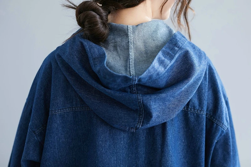 

#3168 Blue Long Denim Jacket Women Hooded Casual Windbreaker Hooded Pockets Loose Asymmetrical Jeans Jacket Ladies Long Autumn