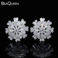 beaqueen korean design ladies large snowflake stud earrings fashion women christmas jewelry with clear cubic zirconia e060