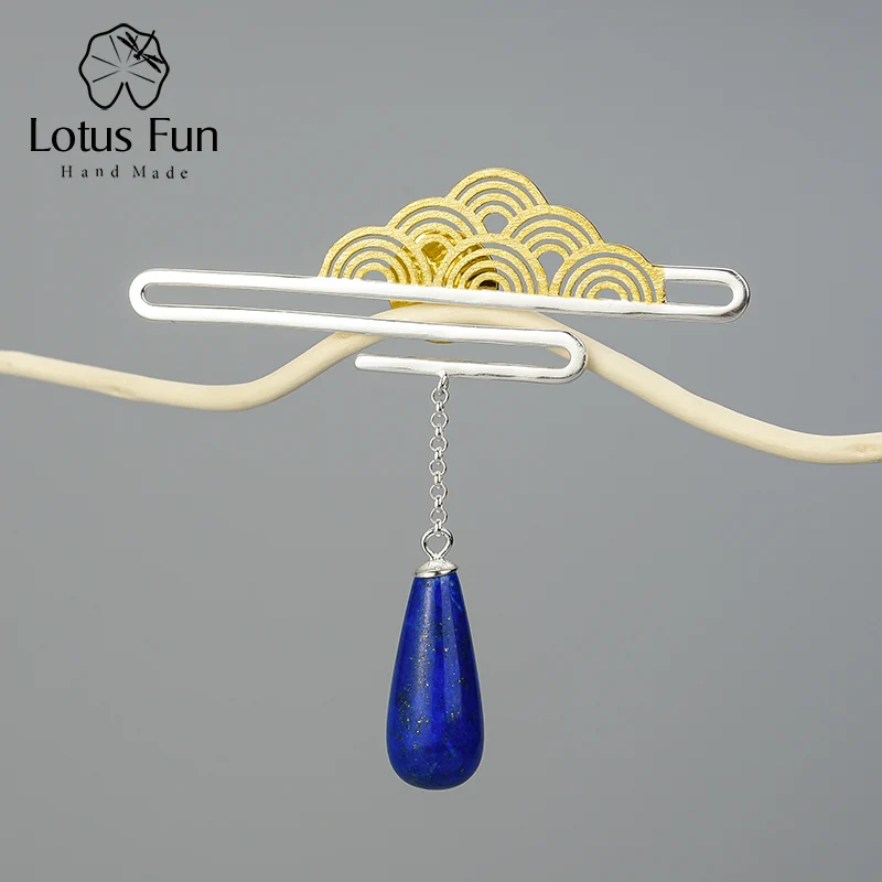 Lotus Fun реальные 925 пробы серебро Натуральный камень ручной работы Fine Jewelry Восточный элемент мира облака брошь для Для женщин милый подарок - Цвет камня: Lapis