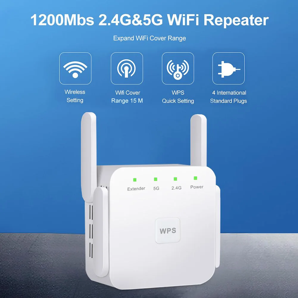 

WiFi Repeater Router 2.4/5Ghz 1200Mbps Network Signal Amplifier Long Range Wireless WiFi Booster Home Signal Network Extender