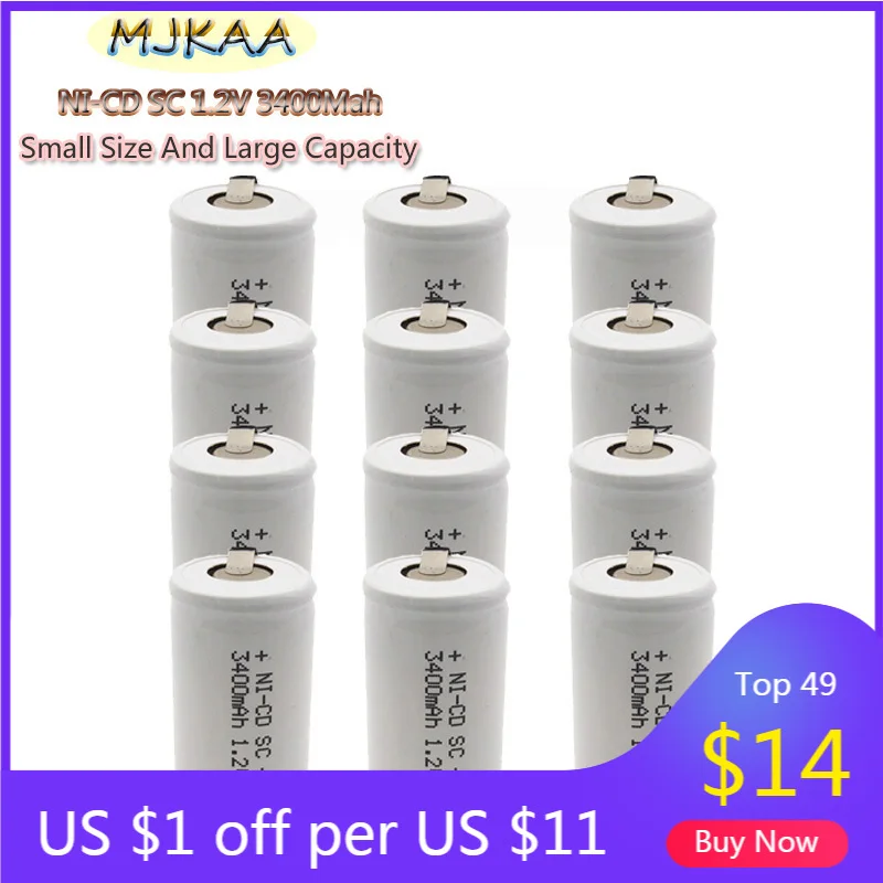 MJKAA/15 шт SC 1 2 V 3400mAh аккумуляторная батарея 4/5 Sub C Ni cd ячейка с заварочными вкладками