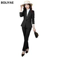 boliyae new fashion business pants suits uniform formal jacket and skirt womens black striped blazers office work clothes sets