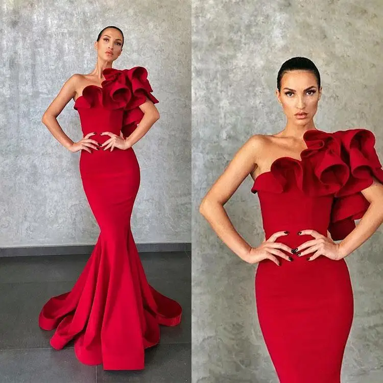 

Elie Saab Elegant Red Mermaid Evening Dresses Flower Ruffles Formal Party Evening Gowns Runway Fashion Prom Wear