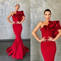 elie saab elegant red mermaid evening dresses flower ruffles formal party evening gowns runway fashion prom wear