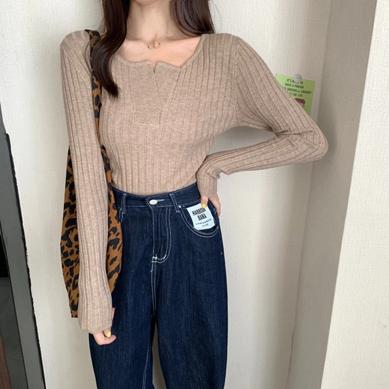 

Women'S Slim Fit V-Neck Pullover Long Sleeve Knit Sweater Women'S Base Shirt Top One Size