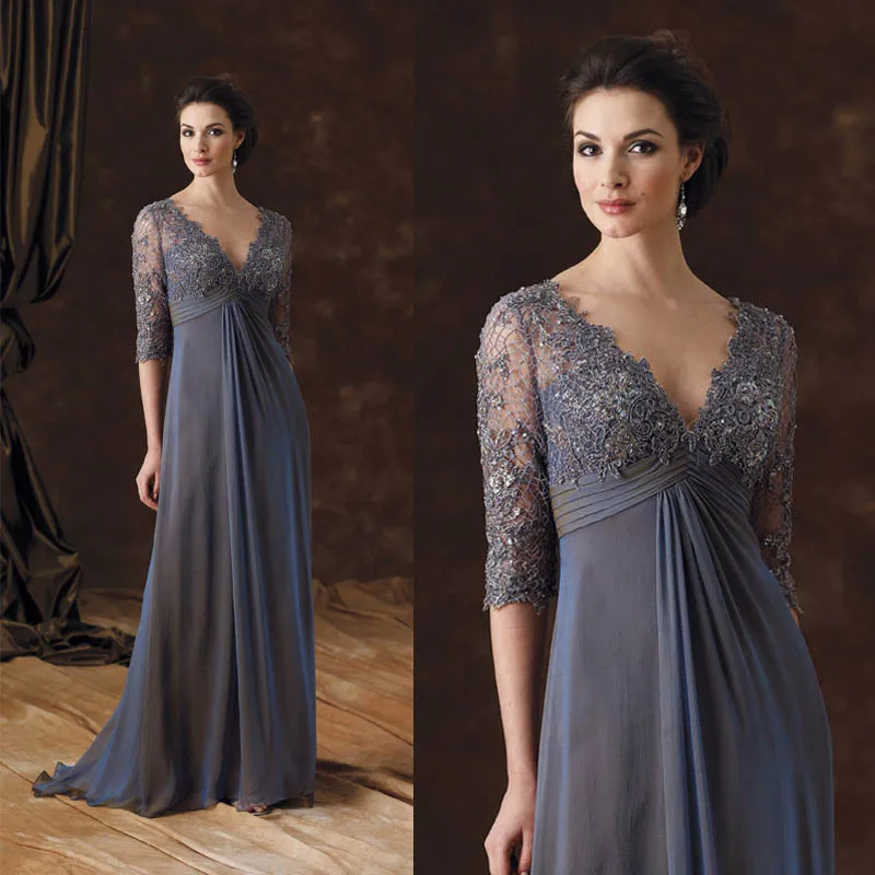 

MB002 2015 Elegant lace appliqued half sleeves grey chiffon mother of the bride dresses
