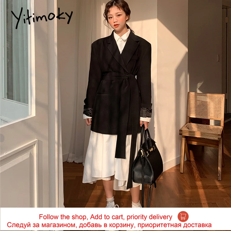 

Yitimoky Vintage Bandage Dresses Women Loose Long Sleeve Sashes Button Up Turn-down Collar A-line Spring 2021 Office Lady New