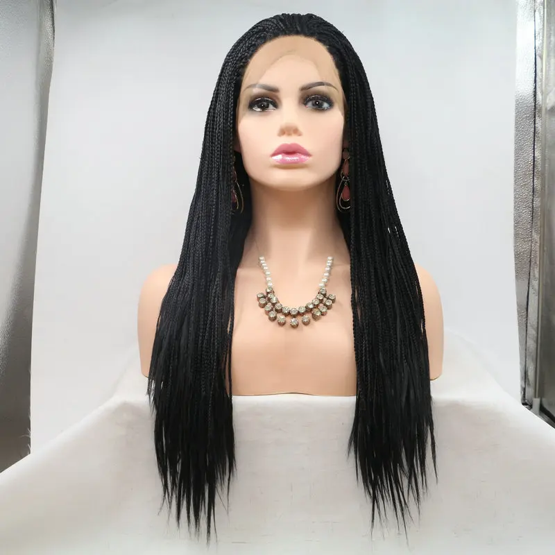 Melody Handmade Long Box Braided Wig African Braids 1B#Natural Black Synthetic Lace Front for Black Women Drag Queen Cosplay