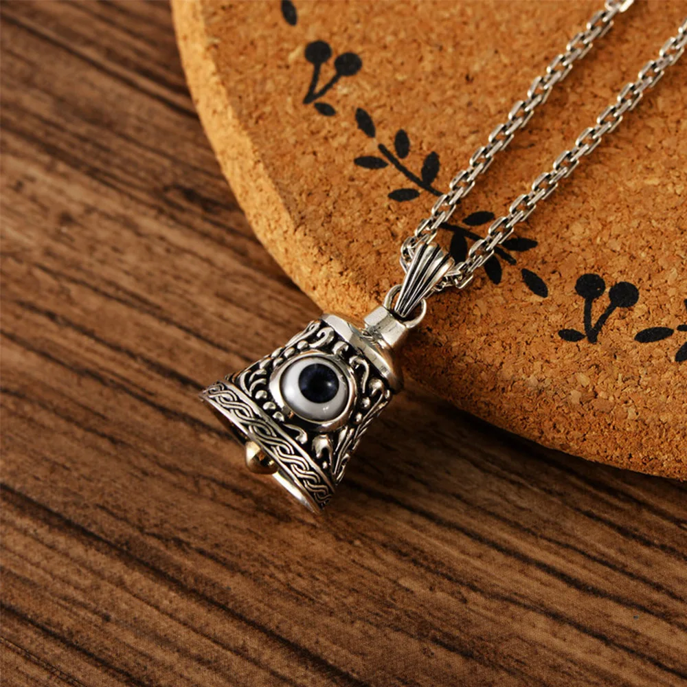 

S925 Sterling Silver Jewelry Retro Bell Pendant Moving Eye Tibetan Culture Auspicious Insight Into the World Men Women