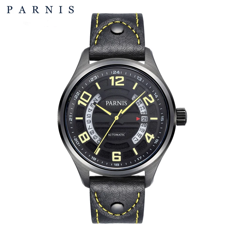 

Мужские механические часы с автоподзаводом Parnis, черные наручные часы с календарем и кожаным ремешком, циферблат 43 мм, 2021