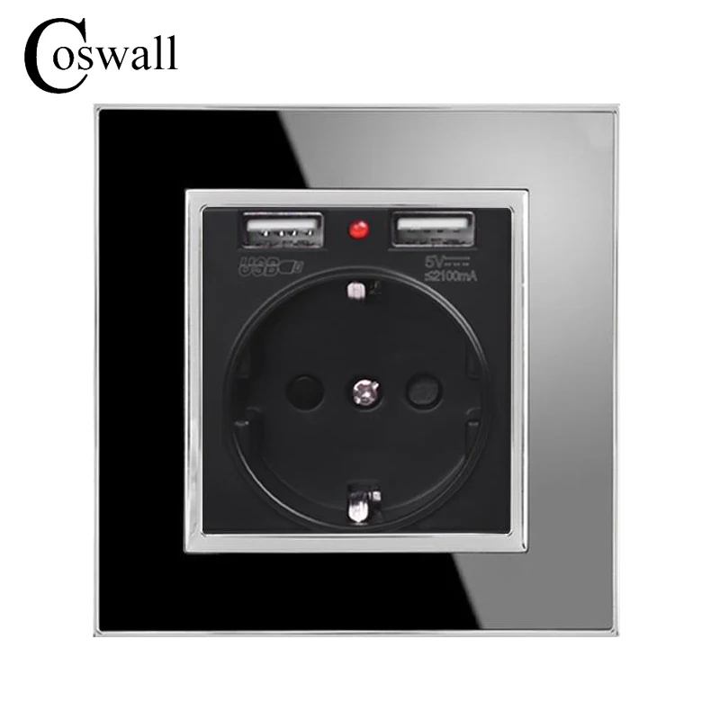 

Coswall Wall Socket Grounded, 16A EU Russia Spain Outlet With 2.1A Dual USB Charger Acrylic Panel Black White Gold