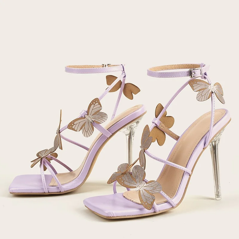 

IPPEUM Sandalias Mujer 2021 Appliques Butterfly Narrow Band Fashion Sweet High Heels Women's Shoes Purple Summer Head Peep Toe
