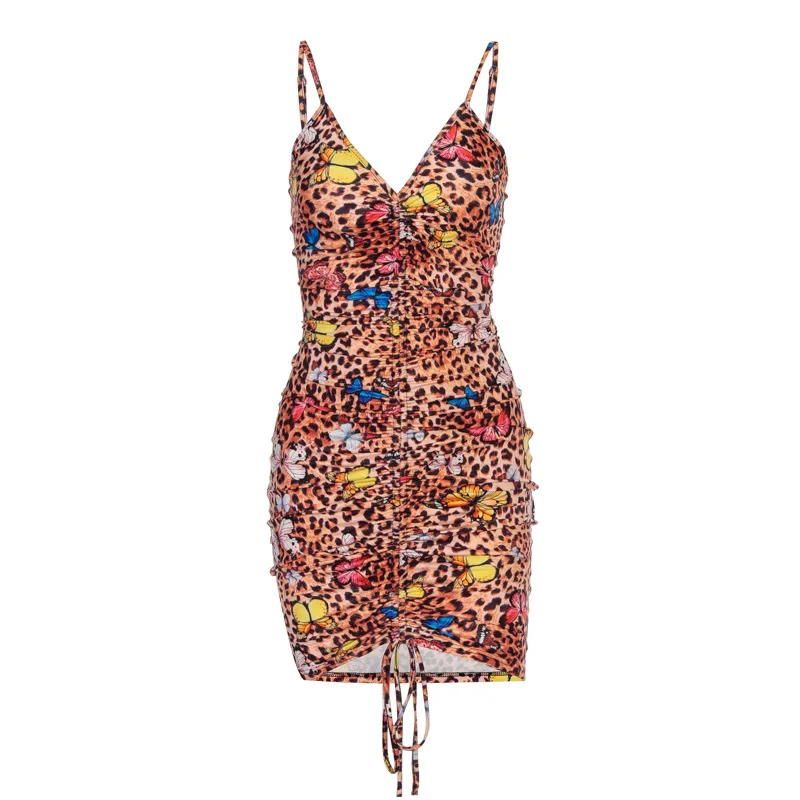 

Summer Dress 2020 Mini Midi Dresses Short Women Popular Butterfly Suspender Pleated Leopard Backless Elegant Party Club Dress