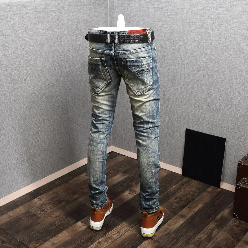 Newly Streetwear Fashion Men Jeans Distressed Slim Fit Destroyed Ripped Jeans Men Patchwork Vintage Designer Retro Denim Pants
