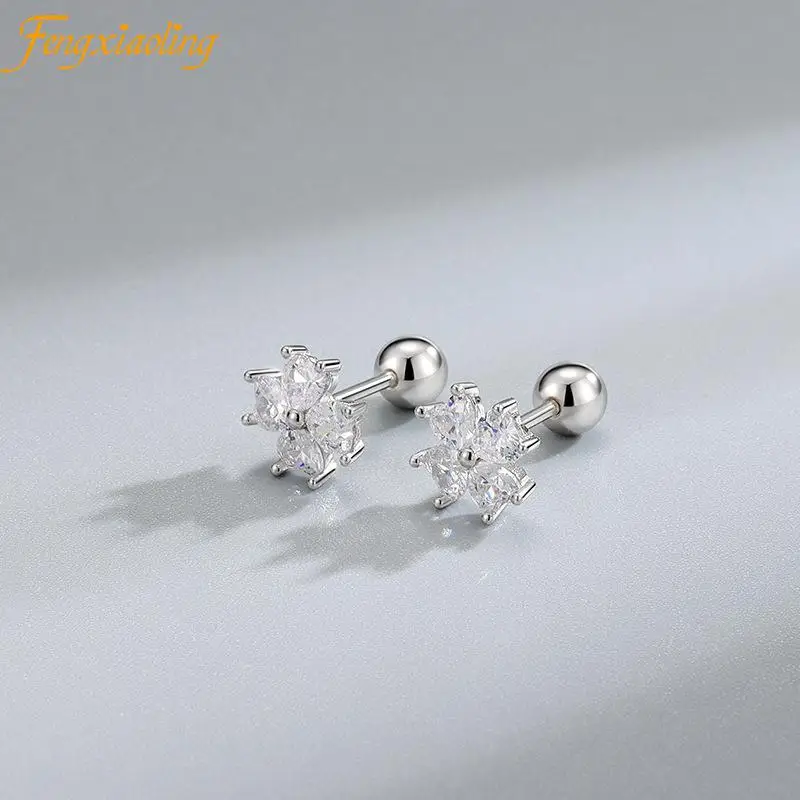 

Fengxiaoling 925 Sterling Silver Stud Earrings Cute Zircon Ear Bone Nail Mini Crystal Flower Pierced Earrings Fashion Jewelry