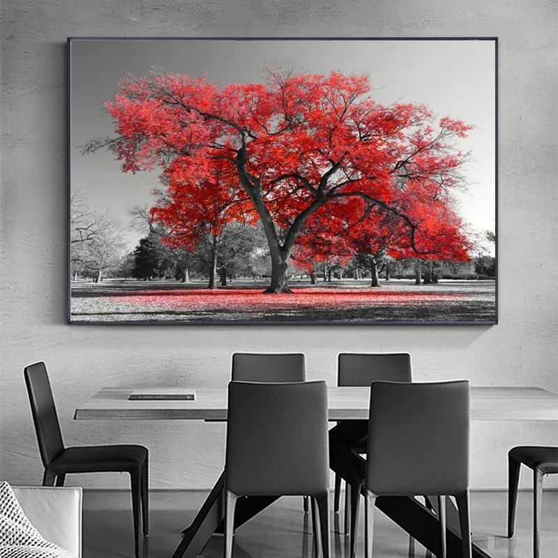 

Nordic Visual Artist Home Decoration Red Tree Canvas Mural Autumn Park Landscape Poster Living Room Decoration Picture