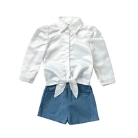 2pcs infant casual autumn cotton outfit baby girls tie up button down solid color long sleeve lapel shirt denim shorts